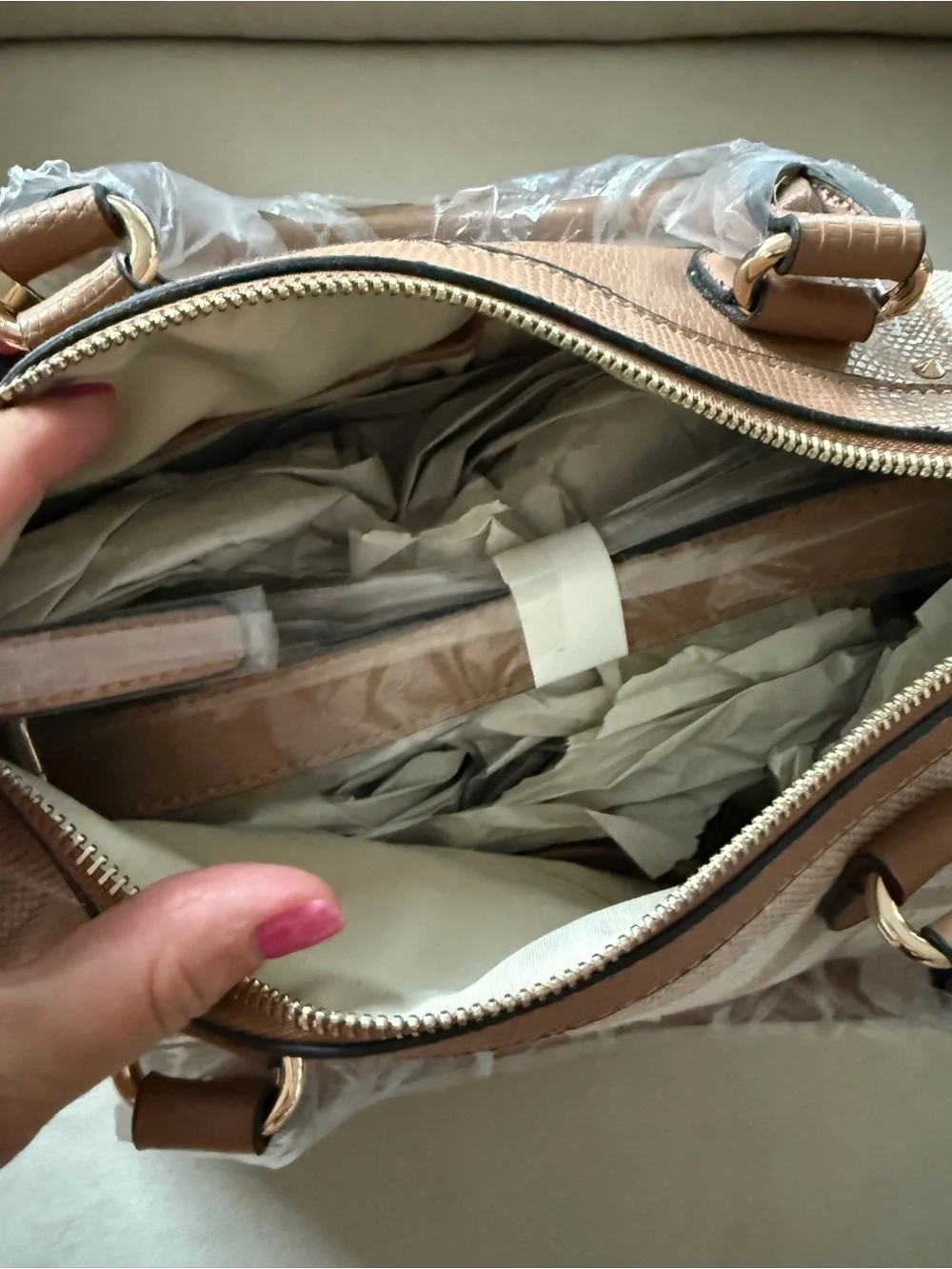 ALDO NWT Striped Satchel Crossbody Handbag Beige Camel Red Tassel